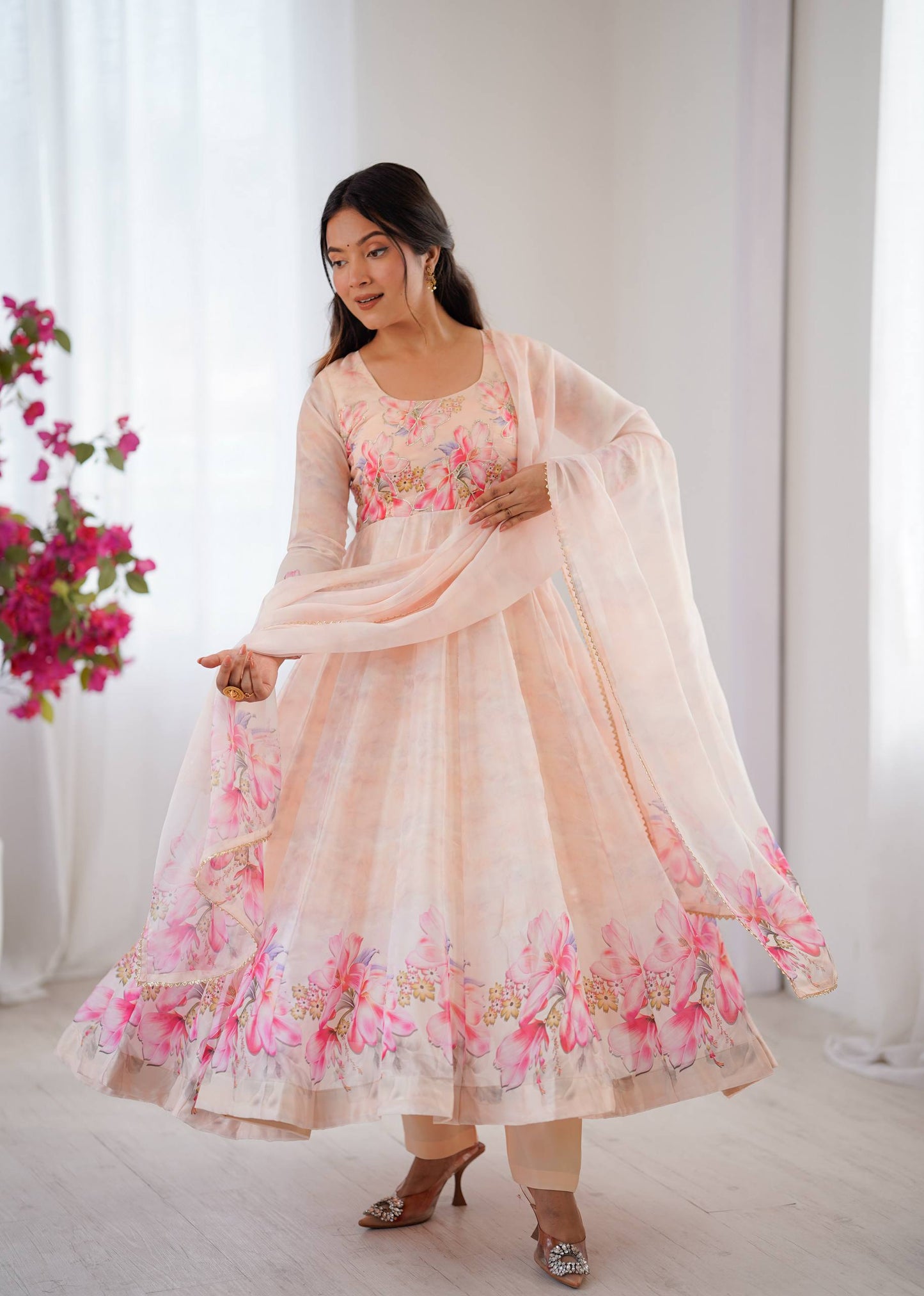 White Color Oraganza Silk With Butter Cotton Gown