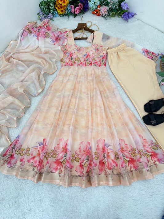 White Color Oraganza Silk With Butter Cotton Gown
