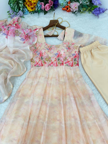 White Color Oraganza Silk With Butter Cotton Gown