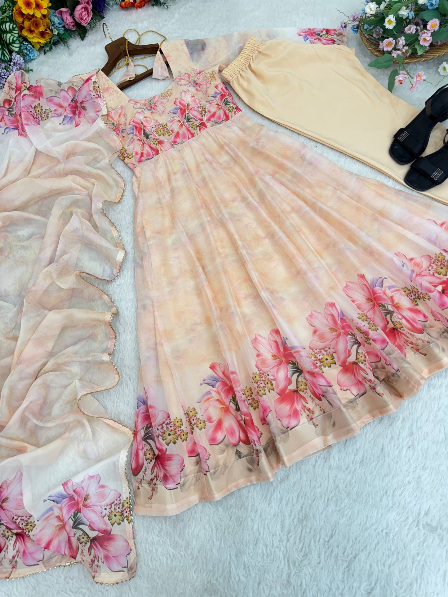 White Color Oraganza Silk With Butter Cotton Gown