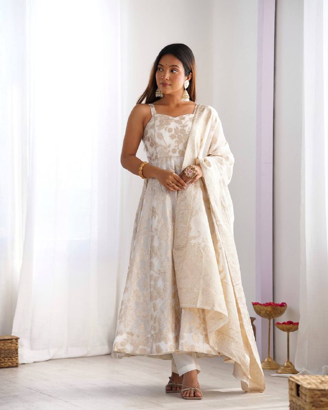 White Color Beautifull Banarasi Dola Silk With Dori Work Anarkali