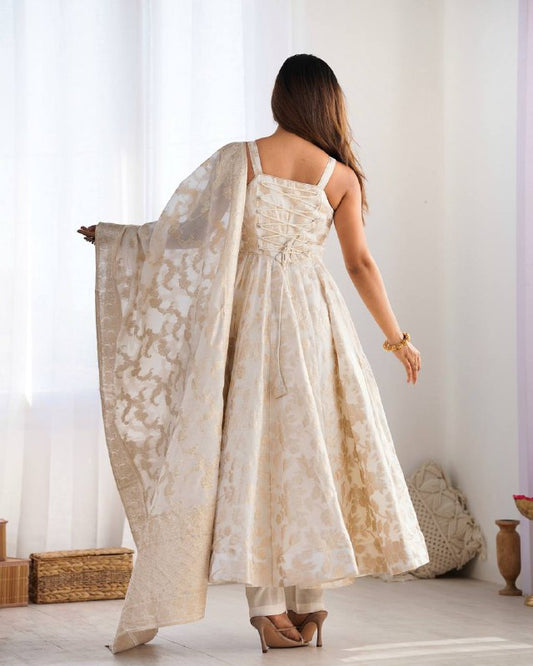 White Color Beautifull Banarasi Dola Silk With Dori Work Anarkali
