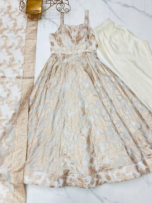 White Color Beautifull Banarasi Dola Silk With Dori Work Anarkali