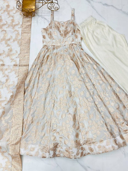 White Color Beautifull Banarasi Dola Silk With Dori Work Anarkali