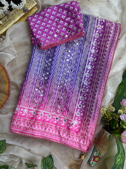 Chinon Silk Mirror Work Saree Set