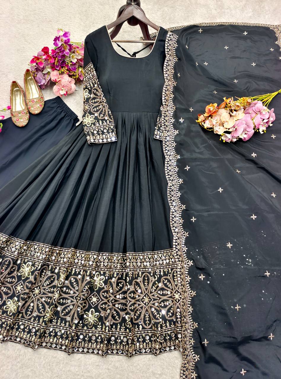 Chinon Silk 5mm Sequence Embroidery Work Gown Set