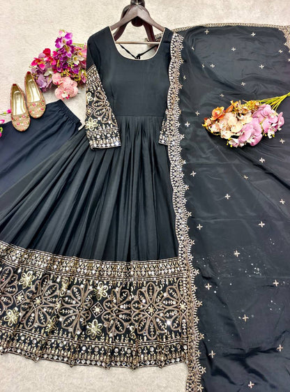 Chinon Silk 5mm Sequence Embroidery Work Gown Set