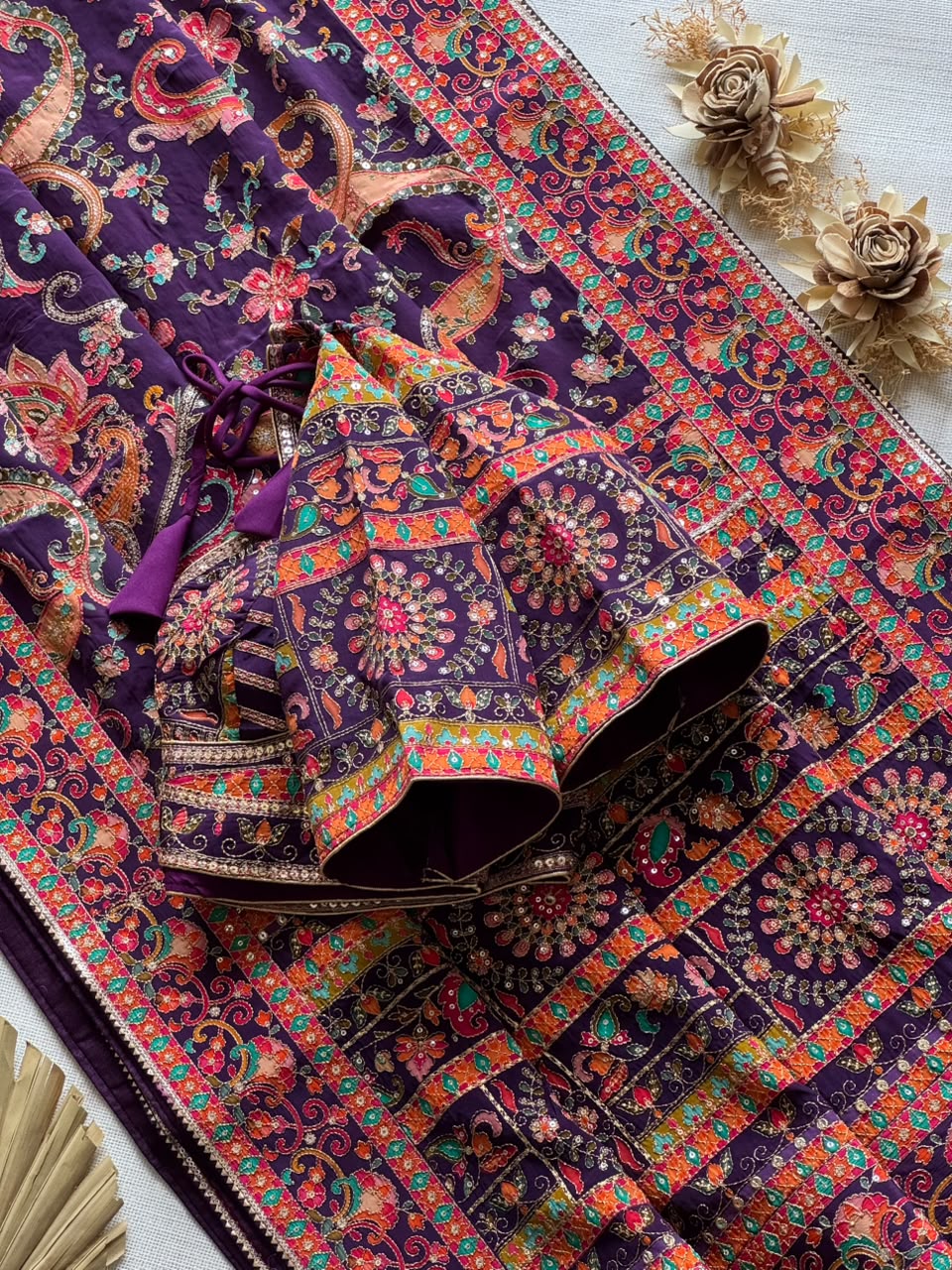Crepe Silk Printed Embroidered Saree Set