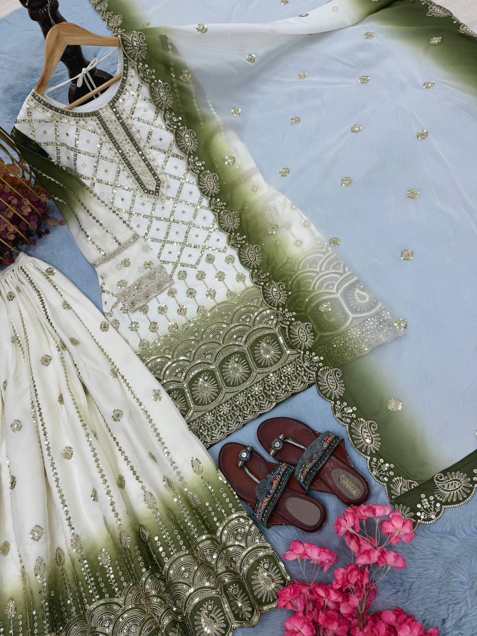 Beautiful Soft Rich Dual Tone Georgette Embroidery Sequence Work Plazzo Set