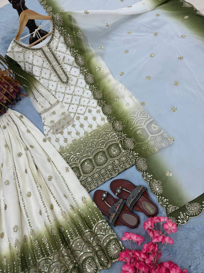 Beautiful Soft Rich Dual Tone Georgette Embroidery Sequence Work Plazzo Set