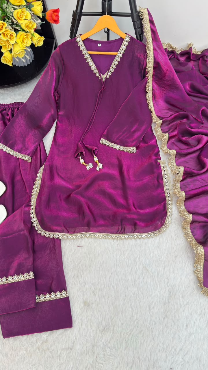 Beautifull Pink Color Satin Silk With Hand Made Real Mirror Work Top Pent