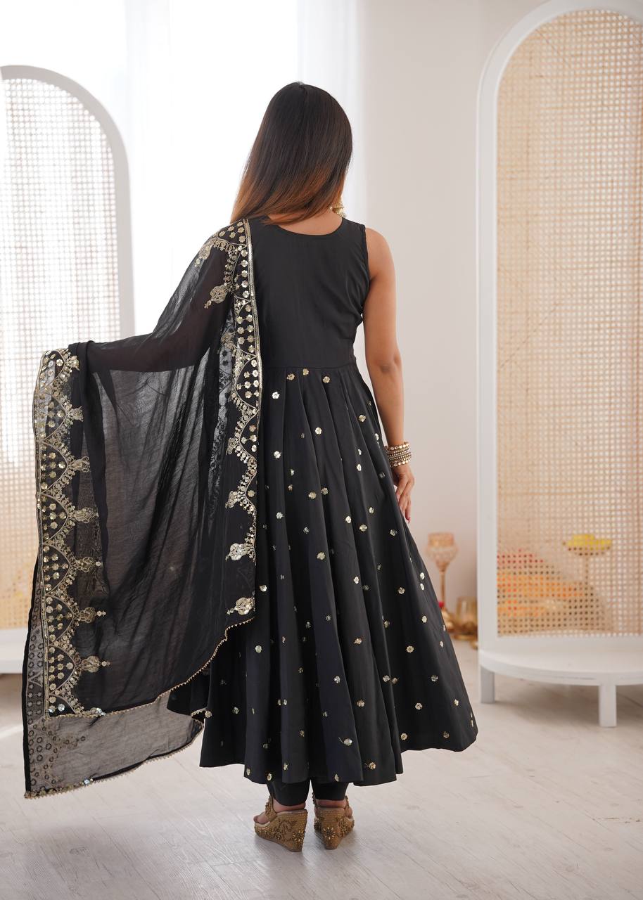 Beautiful Premium Roman Silk With Heavy Embroidery Sequence Work Gown Set