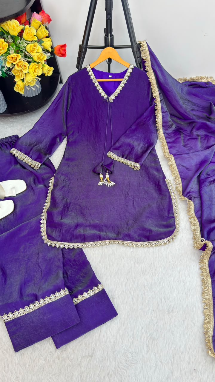 Beautifull Pink Color Satin Silk With Hand Made Real Mirror Work Top Pent