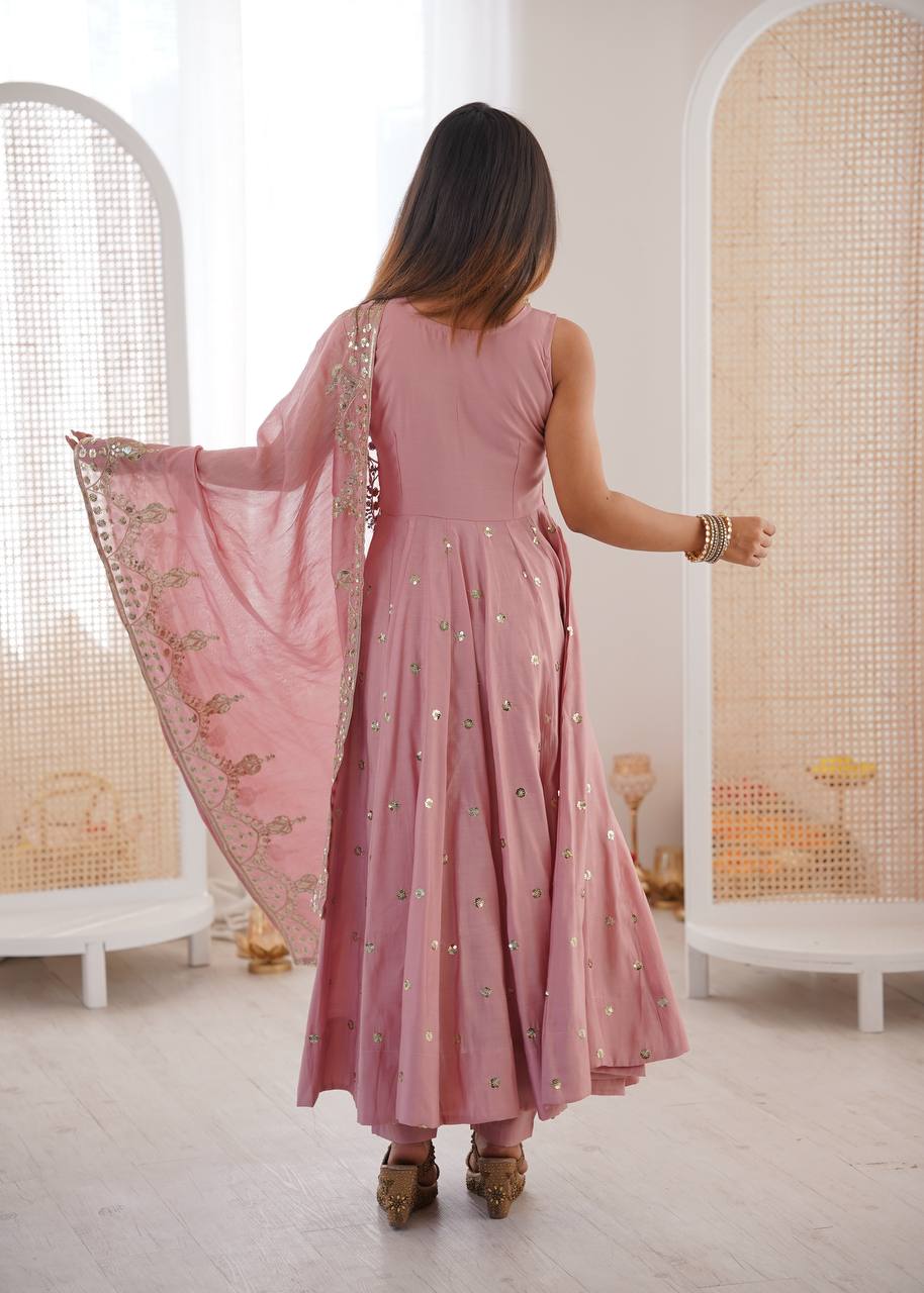 Beautiful Premium Roman Silk With Heavy Embroidery Sequence Work Gown Set