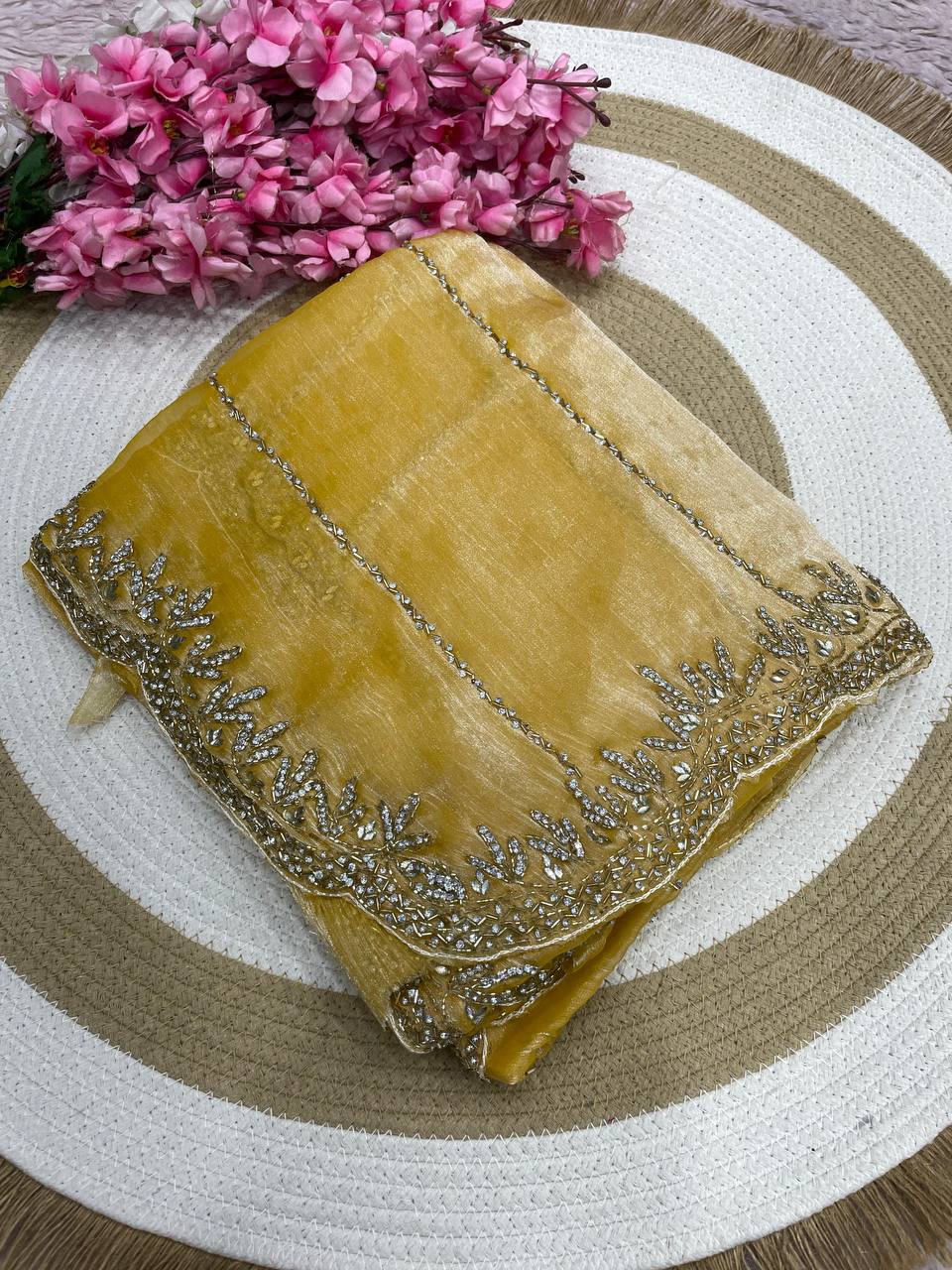 Burberry Chiffon Khatli Handwork Saree Set
