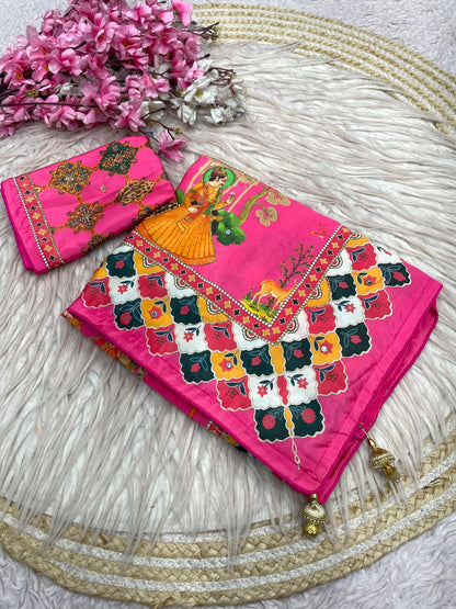 Beautiful Soft Rich Satin Silk With Digital Print & Khatli Work Saree