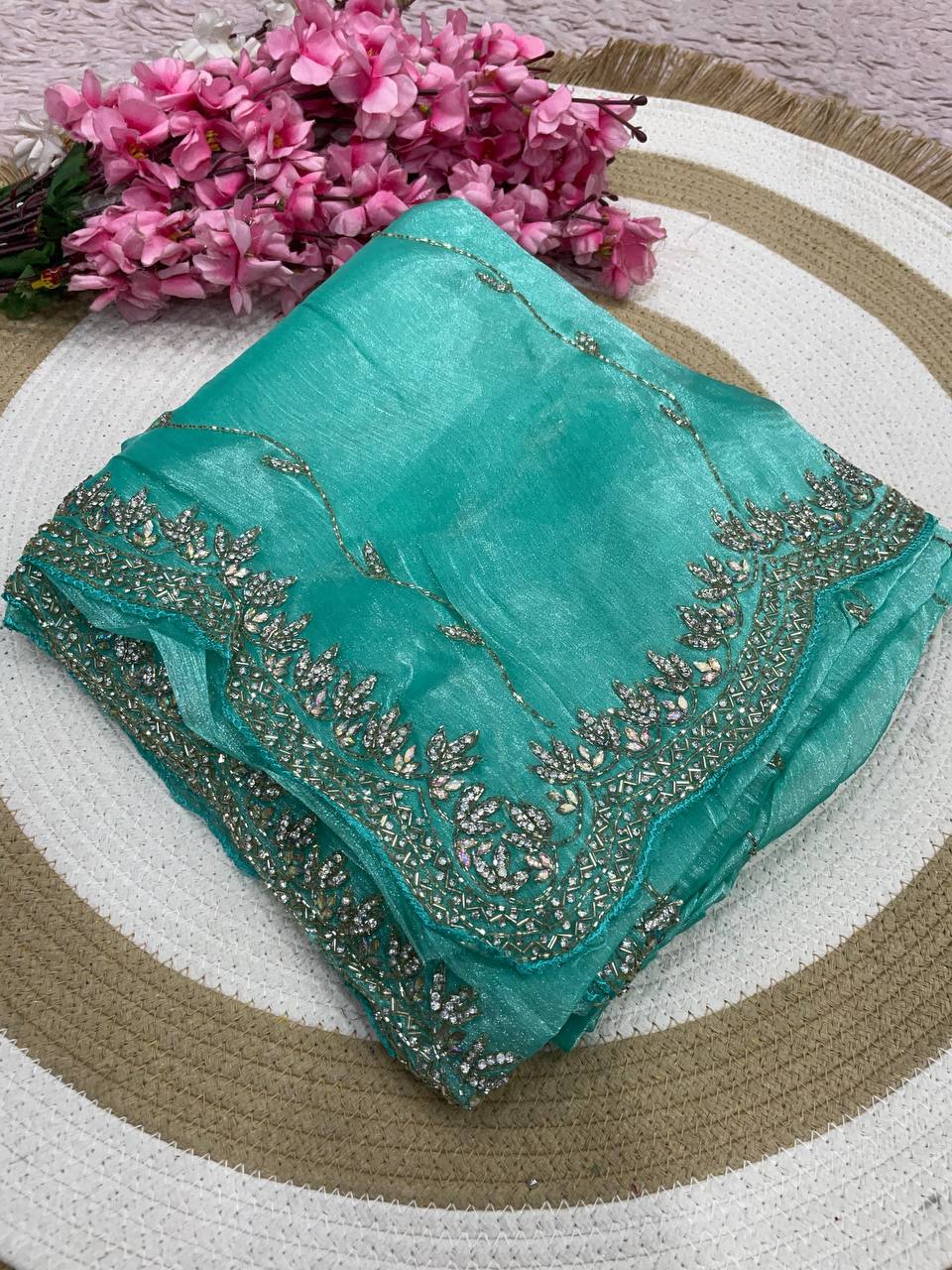 Burberry Chiffon Khatli Handwork Saree Set