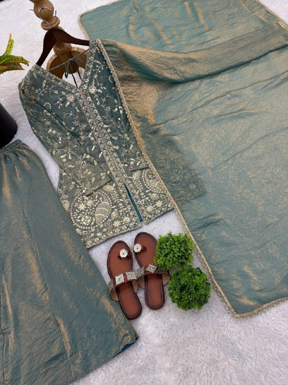 Beautiful Soft Rich Pure Fendy Silk Embroidery Sequence Work Plazzo Set