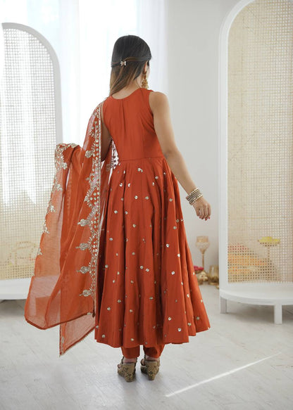 Beautiful Premium Roman Silk With Heavy Embroidery Sequence Work Gown Set