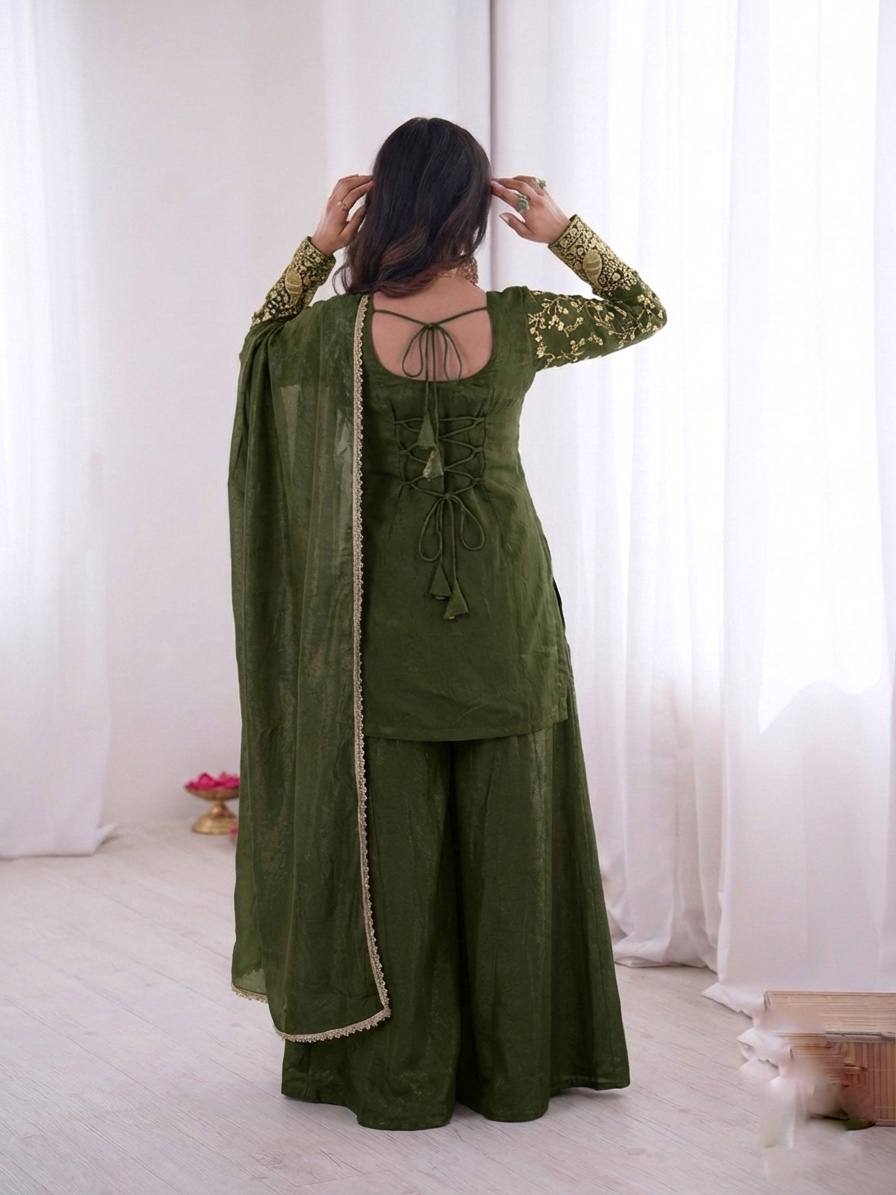 Beautiful Soft Rich Pure Fendy Silk Embroidery Sequence Work Plazzo Set