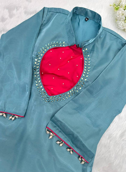 Beautiful Elegant Look Heavy Mirror Work & Roman Glass Silk Plazzo Set