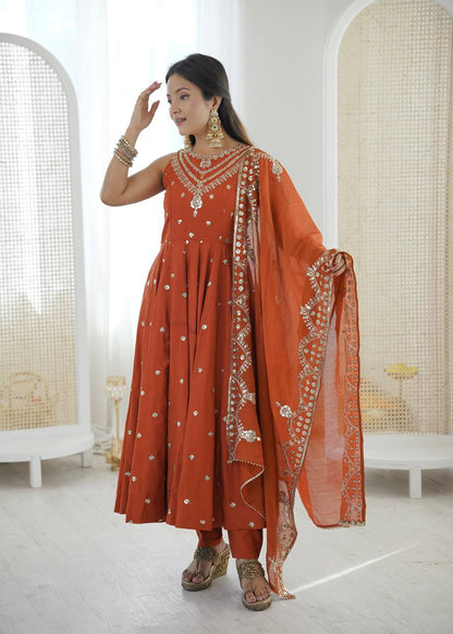 Beautiful Premium Roman Silk With Heavy Embroidery Sequence Work Gown Set