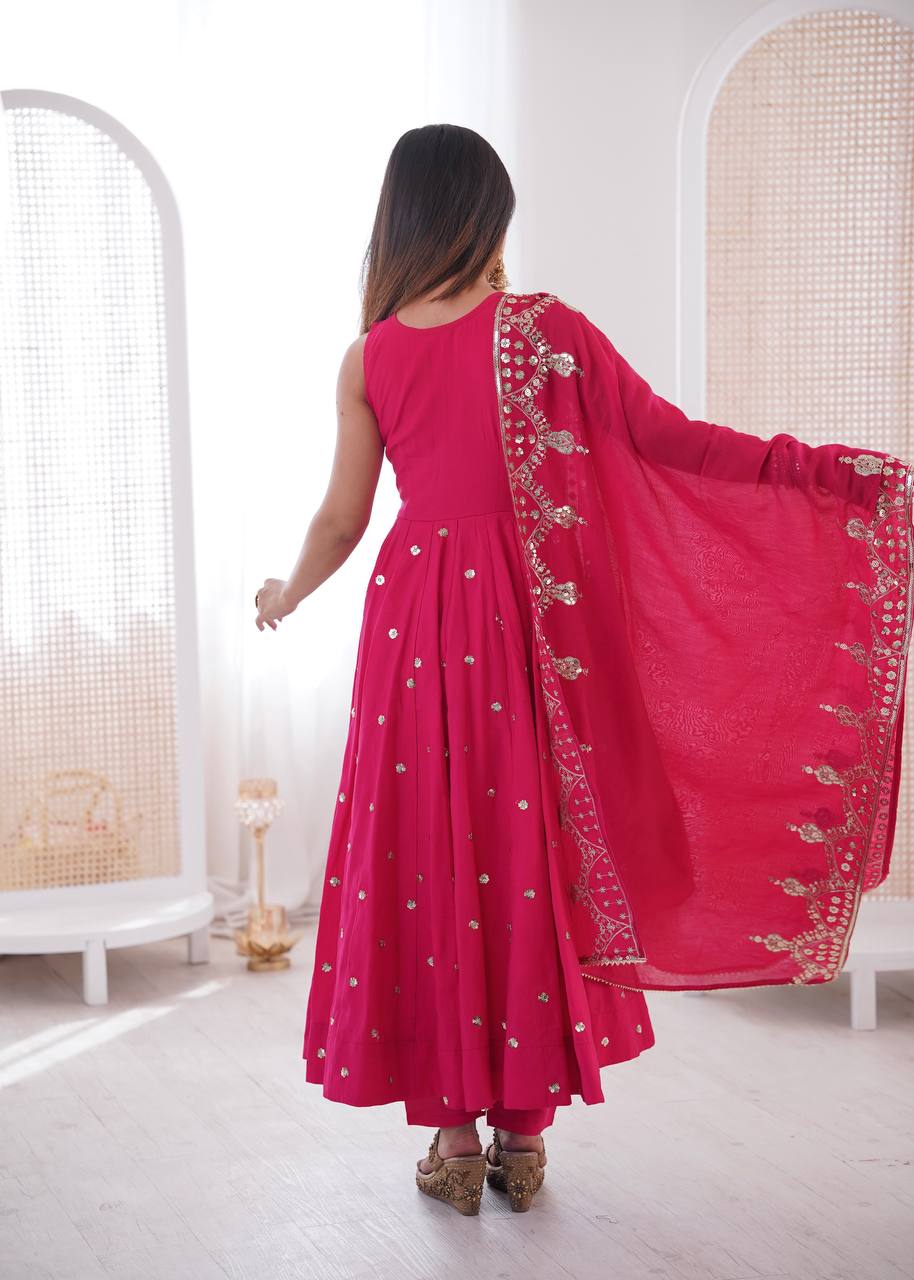 Beautiful Premium Roman Silk With Heavy Embroidery Sequence Work Gown Set
