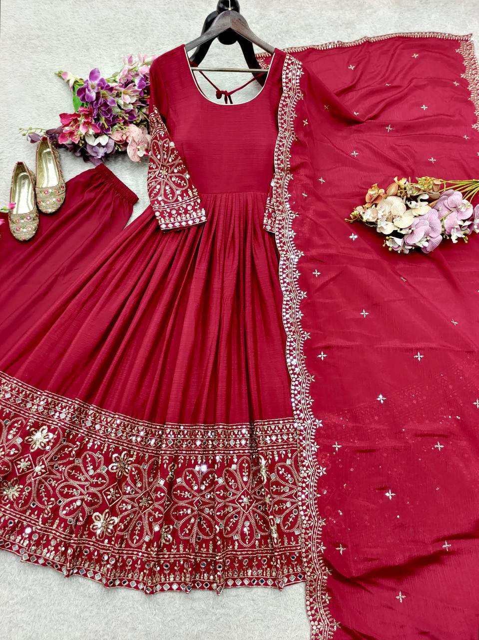 Chinon Silk 5mm Sequence Embroidery Work Gown Set