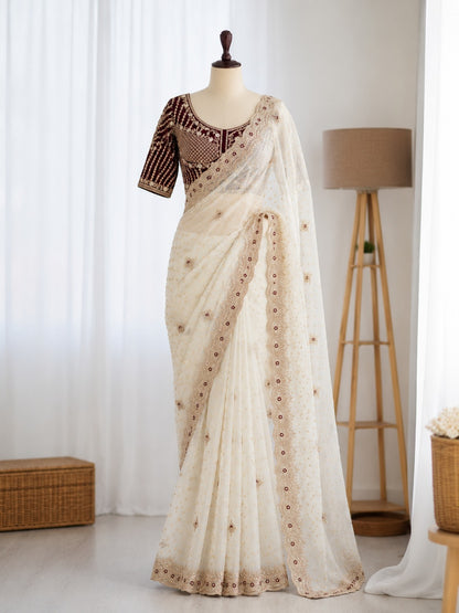 NC Moss Butti Embroidered Saree Set