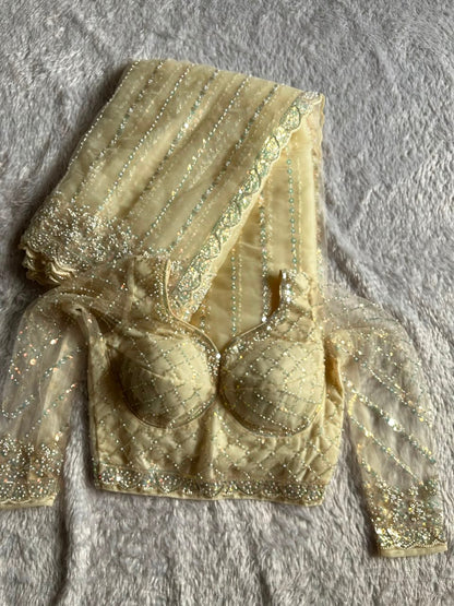 Soft Net Beads Pearl Work Saree Set