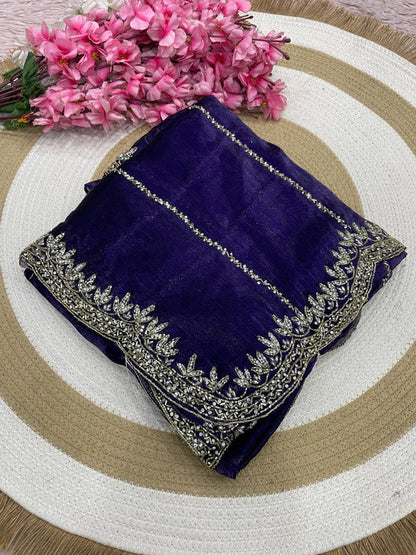 Burberry Chiffon Khatli Handwork Saree Set