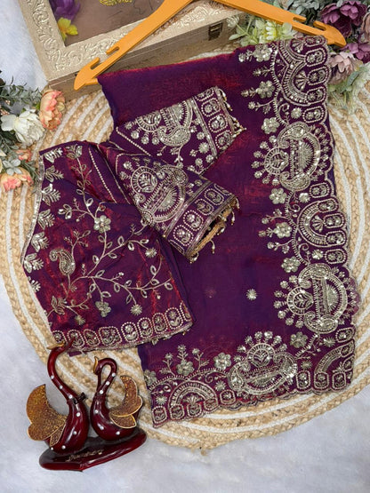 Two Tone Space Silk Embroidered Saree Set