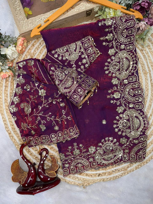 Two Tone Space Silk Embroidered Saree Set