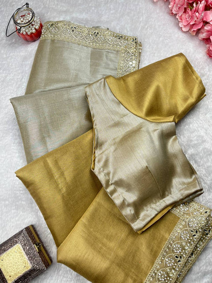 Beautiful Soft Rich Half-Half Tissue Silk With Handcrafted Border Work Saree