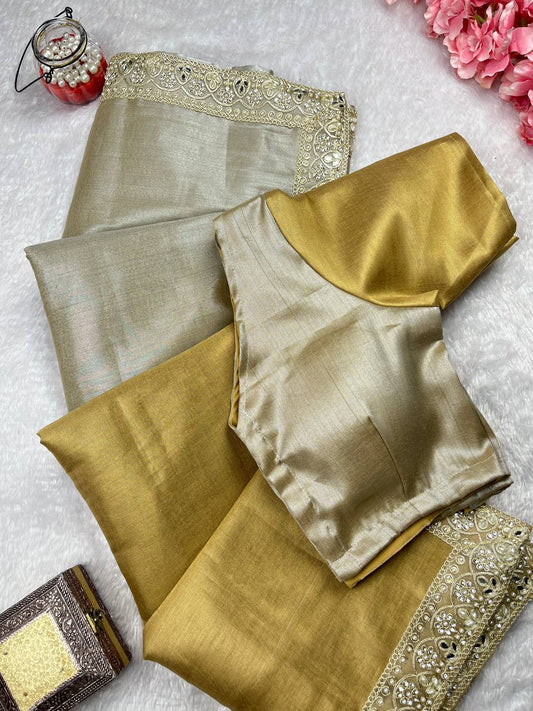Beautiful Soft Rich Half-Half Tissue Silk With Handcrafted Border Work Saree