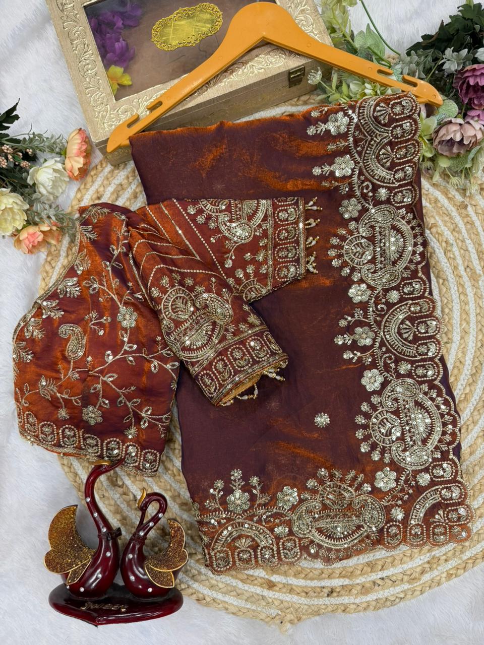Two Tone Space Silk Embroidered Saree Set