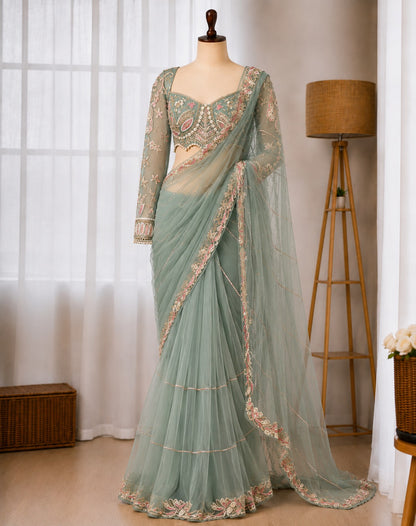 Trending Premium Net Pearl Work Blouse Party Wear Saree