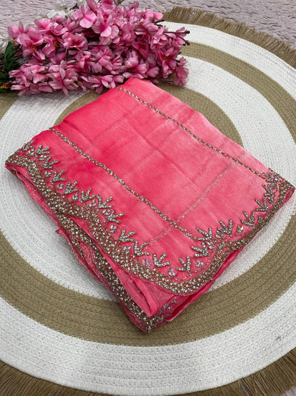 Burberry Chiffon Khatli Handwork Saree Set