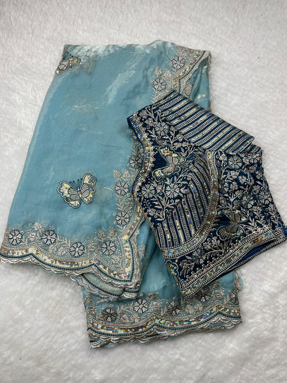 Beautiful Soft Rich Premium Space Silk With Butterfly Sequence Work Saree