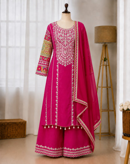 WOMEN'S VICHITRA SILK EMBROIDERED KURTA & PLAZZO WITH DUPATTA SET