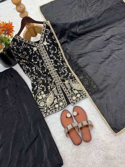 Beautiful Soft Rich Pure Fendy Silk Embroidery Sequence Work Plazzo Set