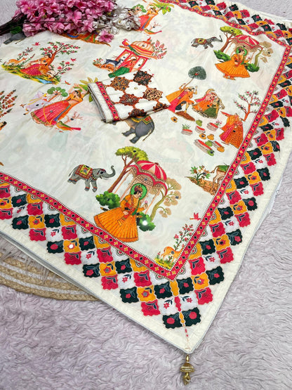 Beautiful Soft Rich Satin Silk With Digital Print & Khatli Work Saree