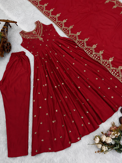Beautiful Premium Roman Silk With Heavy Embroidery Sequence Work Gown Set