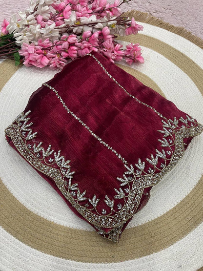 Burberry Chiffon Khatli Handwork Saree Set
