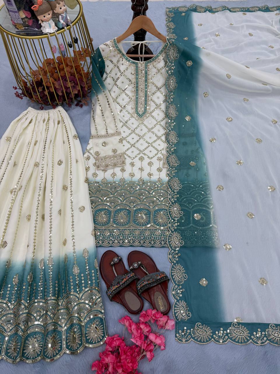 Beautiful Soft Rich Dual Tone Georgette Embroidery Sequence Work Plazzo Set