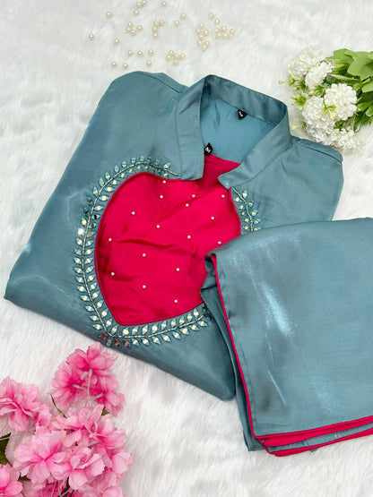 Beautiful Elegant Look Heavy Mirror Work & Roman Glass Silk Plazzo Set