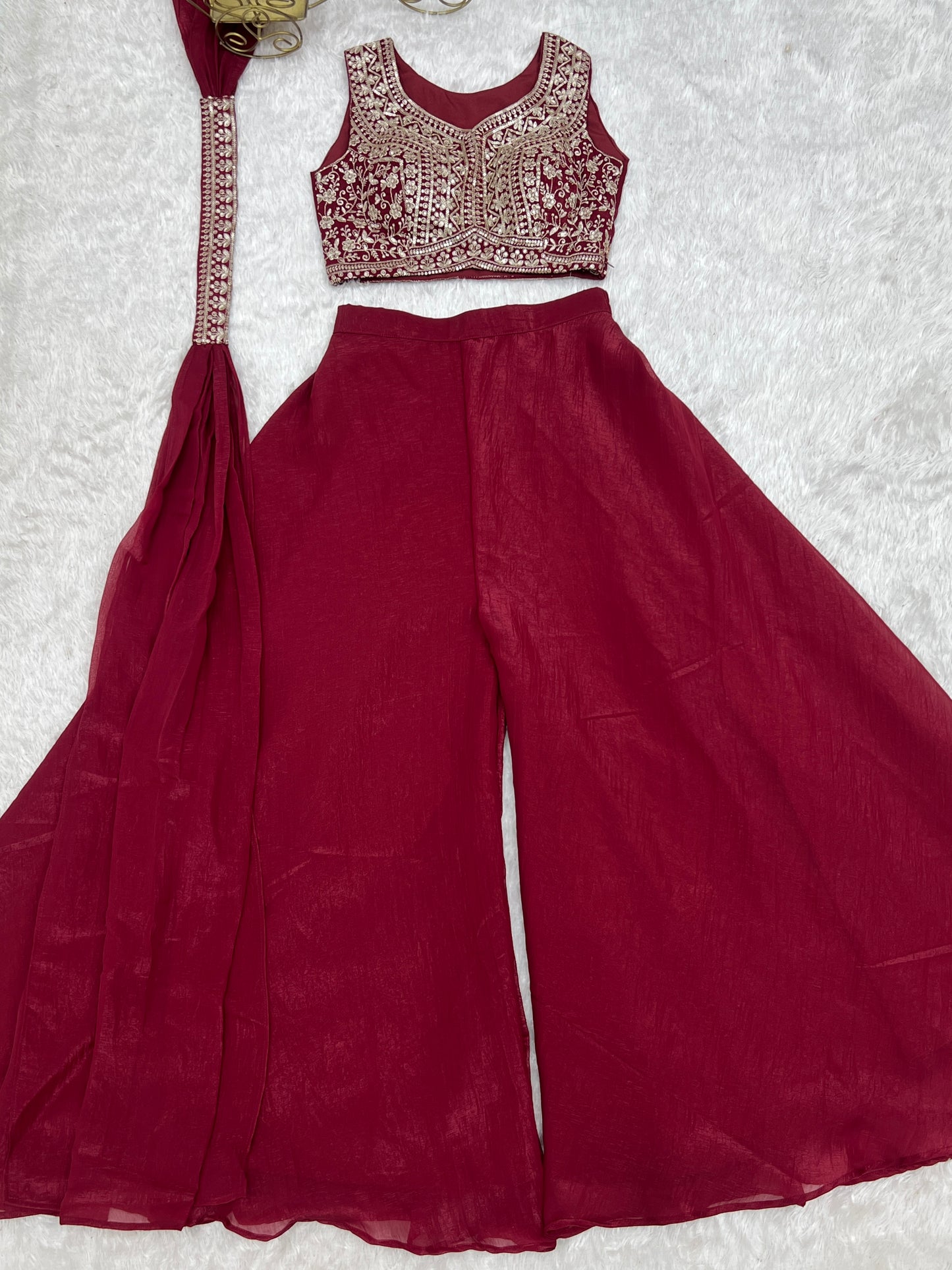 Crunchy Silk Embroidery Thread Sequence Work Crop Top Plazzo