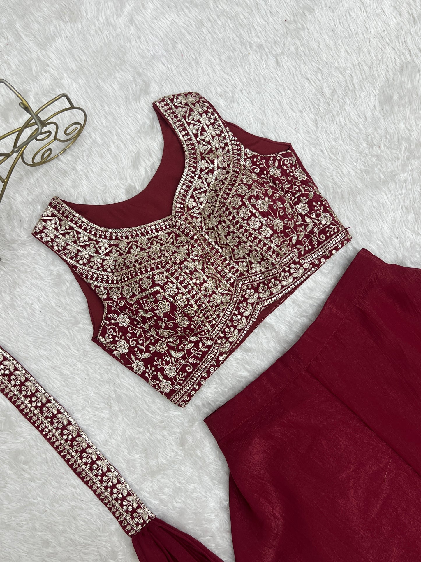 Crunchy Silk Embroidery Thread Sequence Work Crop Top Plazzo