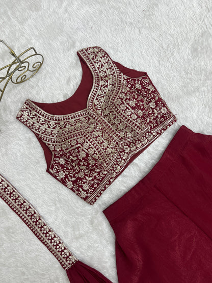 Crunchy Silk Embroidery Thread Sequence Work Crop Top Plazzo