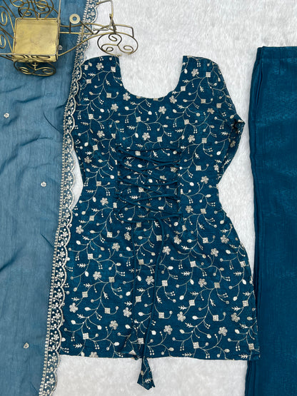 Crunchy Silk Embroidered Bell Bottom Suit Set